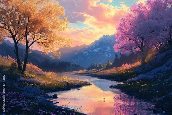 Fototapeta Serene mountain valley at sunset with vibrant trees and wildflowers reflecting in a calm river