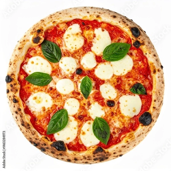 Obraz Neapolitan-style pizza with charred crust, bubbling mozzarella and basil leaves showing irregular leopard spotting isolated background
