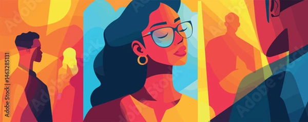 Fototapeta Colorful abstract art with diverse people in bright geometric patterns.