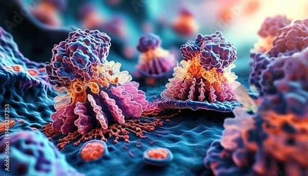 Fototapeta Microscopic view of cancer cells, detailed 3D medical illustration of tumor growth on tissue surface