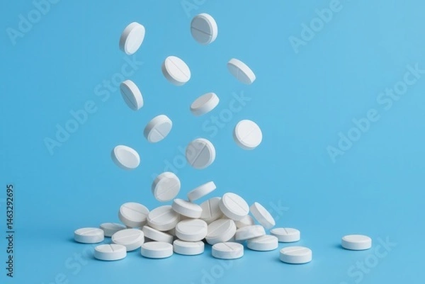 Fototapeta A collection of white tablets falling onto a pile, with a blue background, showcasing a variety of pharmaceutical tablets