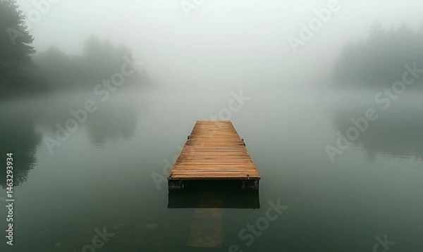 Fototapeta Wooden Dock Extending into Foggy Lake