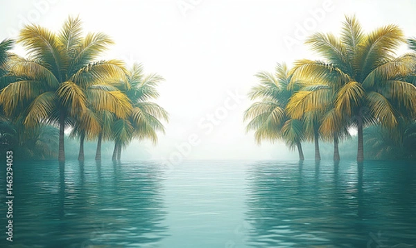 Fototapeta Yellow And Green Palm Trees Reflecting In Calm Teal Water With Fog