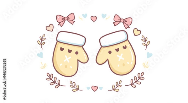 Fototapeta Cute mittens decorated with bows and hearts on a pastel background  