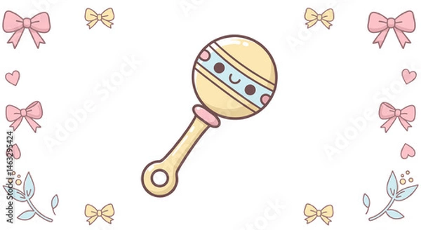 Fototapeta Cute baby rattle illustration with pastel colors and decorative bows  