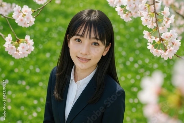Obraz 笑顔の若い日本人女性、桜の背景