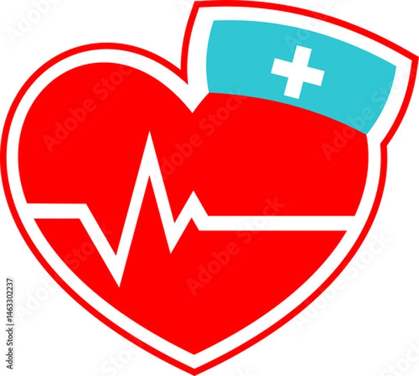 Obraz a heart with a nurse's hat on it, red heart health icon with heartbeat line 