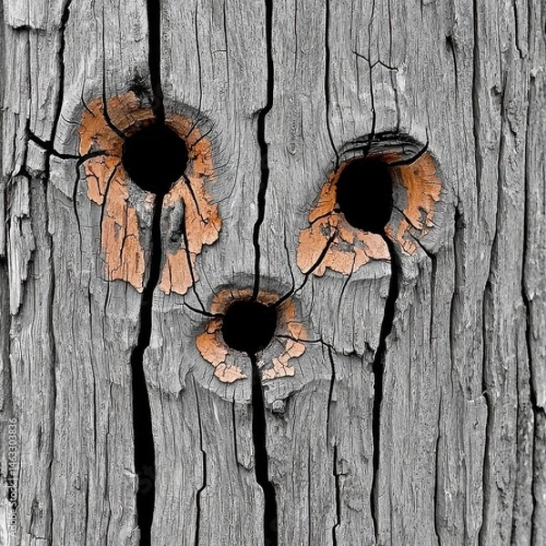 Fototapeta Close up of weathered gray wood with three bullet holes, showing orange discoloration around the holes. The wood is cracked and shows signs of age