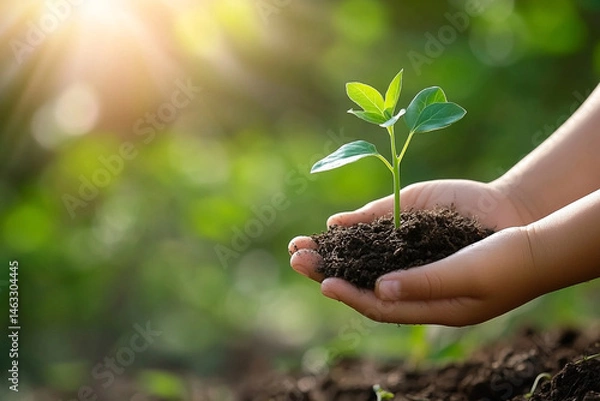 Fototapeta Hopeful hands nurturing a seedling under sunlit canopy of leaves and soil