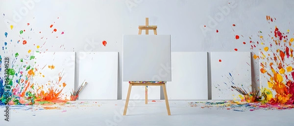 Fototapeta Abstract Art Studio Scene With Colorful Paint Splatters