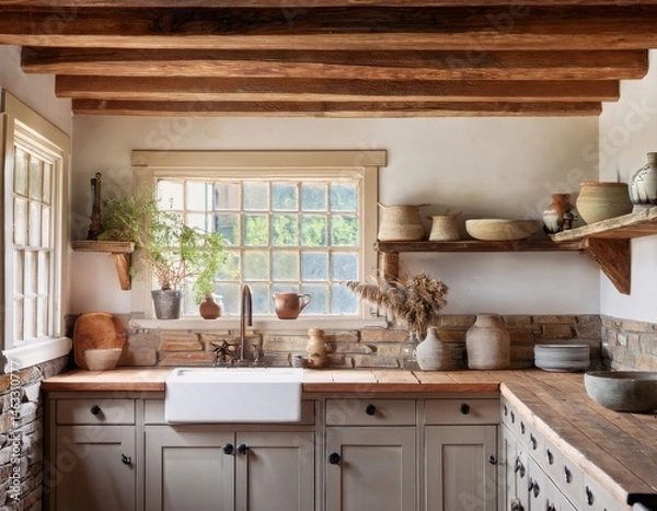 Fototapeta Rustic farmhouse kitchen with exposed wooden beams, open shelving with ceramic dishes, apron-front sink, reclaimed wood cabinetry, and a stone-tile backsplash