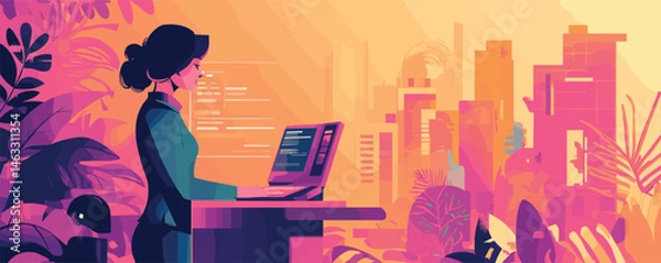 Fototapeta Woman coding on laptop in vibrant cityscape with lush tropical foliage.