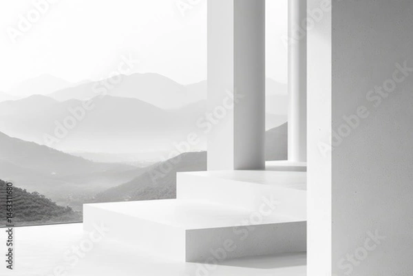 Fototapeta Minimalist architectural scene with steps and columns, overlooking misty mountains