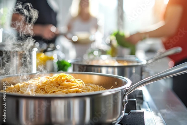 Obraz A sunny kitchen with pots and pans on the stove. A father and son are preparing spaghetti while the mother sets the table in the background