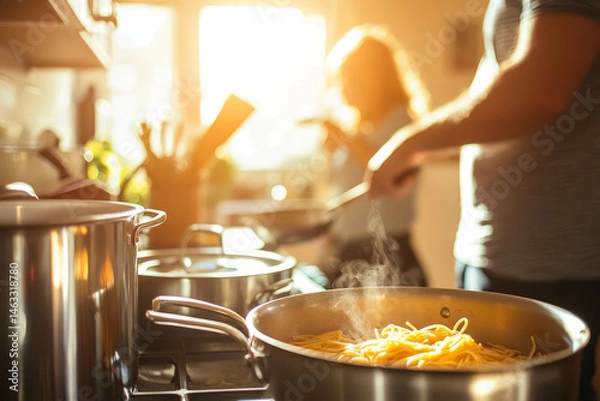 Obraz A sunny kitchen with pots and pans on the stove. A father and son are preparing spaghetti while the mother sets the table in the background
