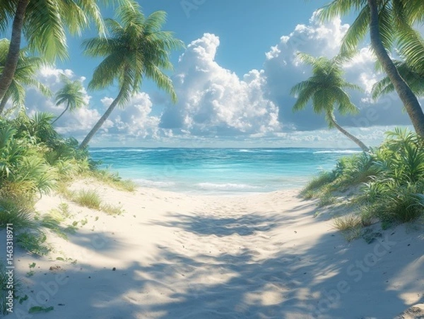 Fototapeta Tropical Beach Paradise Palm Trees with Ocean, and Sand.