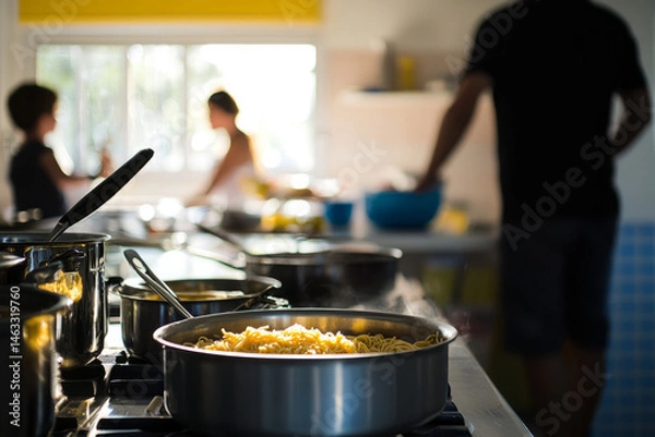 Obraz A sunny kitchen with pots and pans on the stove. A father and son are preparing spaghetti while the mother sets the table in the background