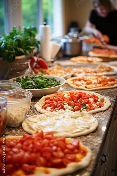 Obraz  A busy kitchen with the sound of chopping and stirring. A family is making homemade pizza with everyone adding their favorite toppings