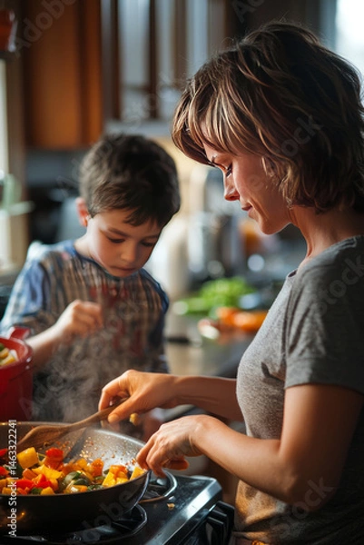 Obraz A cozy kitchen with the aroma of garlic in the air. A mother is teaching her son how to sauté vegetables while the father boils pasta