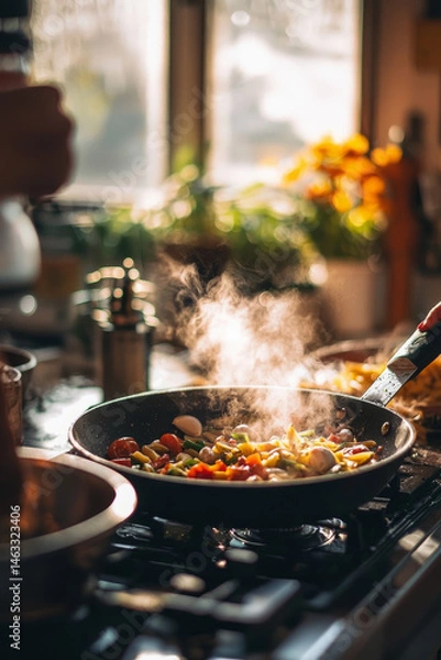 Obraz A cozy kitchen with the aroma of garlic in the air. A mother is teaching her son how to sauté vegetables while the father boils pasta