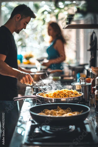 Obraz A sunny kitchen with pots and pans on the stove. A father and son are preparing spaghetti while the mother sets the table in the background