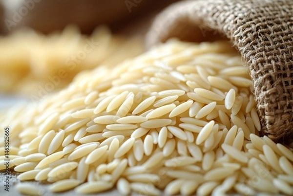 Obraz Close up of Orzo Pasta Pouring from Burlap Sack Food Photography