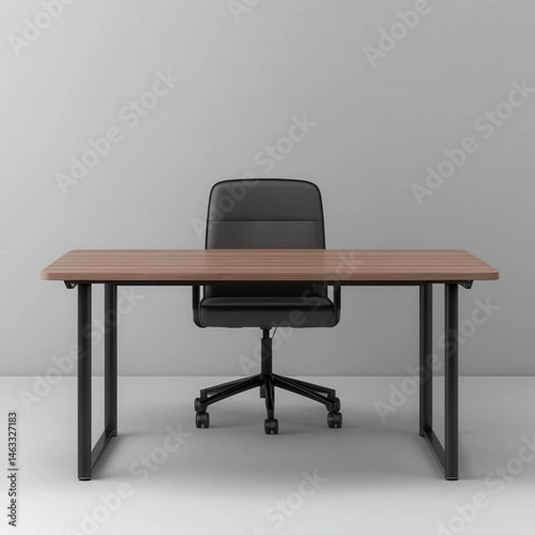 Fototapeta Modern Minimalist Office Desk with Black Chair and Gray Wall Background