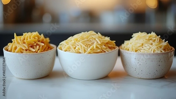 Obraz Three Bowls of Dried Pasta Assortment Orzo Ditalini and Rotelle