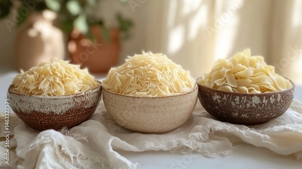 Obraz Three Bowls of Dried Pasta Assortment Farfalle Capellini Egg Noodles