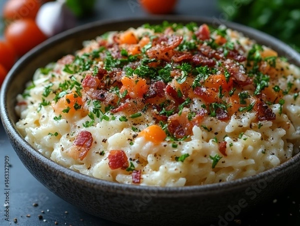 Obraz Creamy Risotto with Crispy Bacon Parmesan and Herbs in a Rustic Bowl