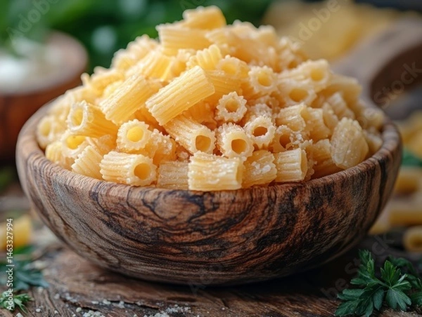 Obraz Delicious Cooked Bucatini Pasta in Rustic Wooden Bowl Close Up Food Photography