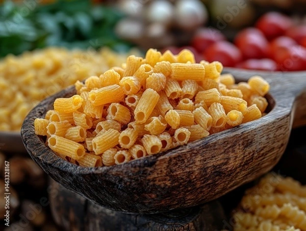 Obraz Delicious Dry Macaroni Pasta in Rustic Wooden Bowl Close up Food Photography