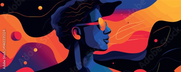 Fototapeta Profile of person in abstract colorful art with sunglasses and bold geometric shapes.