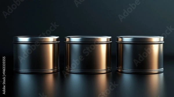 Fototapeta Three metallic cylindrical containers, dark background, studio lighting