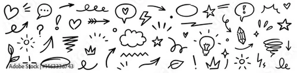 Fototapeta Line marker hand drawn brush arrow element set. Sketch pencil stroke vector graphic pen underline scribble icon. Hand drawn line heart, crown, star symbol highlight marker shape. Vector illustration