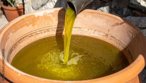 Fototapeta Freshly crushed Frantoio olives releasing emerald-green oil at a stone mill, the golden stream catching morning light as it flows into a family’s antique terracotta vessel.