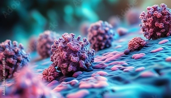 Fototapeta 3D microscopic visualization of viral particles with spike proteins, background for healthcare and science themes