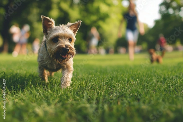Obraz A grassy park with people walking dogs and playing sports, a person is walking their dog, a terrier, as it stops to chase a squirrel in the distance