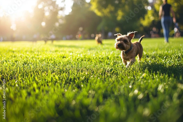 Obraz A grassy park with people walking dogs and playing sports, a person is walking their dog, a terrier, as it stops to chase a squirrel in the distance