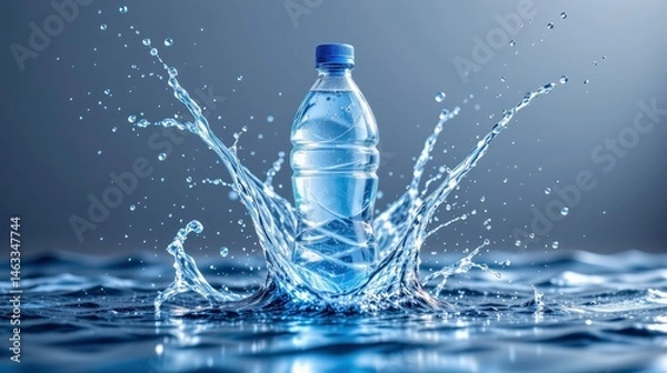 Fototapeta Clear Plastic Water Bottle Surrounded by Splashing Water and Waves in a Bright Studio Setting