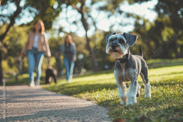 Obraz A park with wide open green spaces and paths for walking, a family is walking their dog, a schnauzer