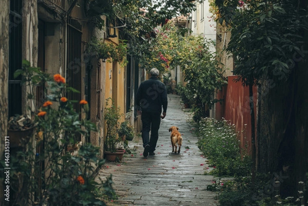 Obraz A quiet alley with small flowers growing on either side, a man is walking his dog, a labrador, slowly, enjoying the solitude