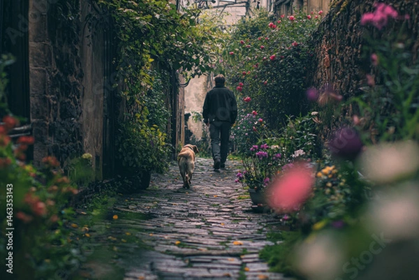 Obraz A quiet alley with small flowers growing on either side, a man is walking his dog, a labrador, slowly, enjoying the solitude