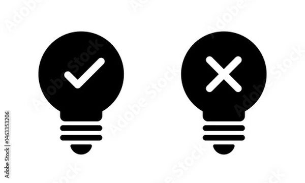 Fototapeta Light bulb with check and cross mark icon isolated on white background. Creativity and stagnation sign symbol