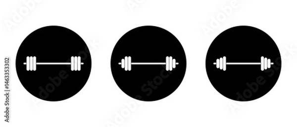 Fototapeta Gym barbell icon set on black circle. Fitness and workout sign symbols for apps and branding