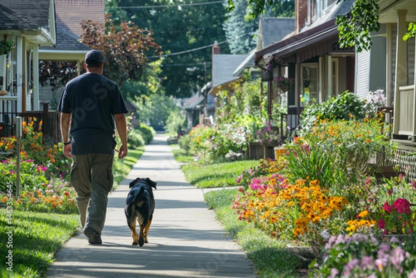 Obraz A quiet neighborhood with houses and sidewalks lined with flowers, a man is walking his dog, a rottweiler