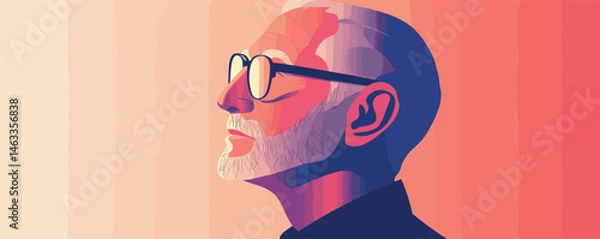 Fototapeta Colorful silhouette of bald elderly man with glasses in abstract art style.