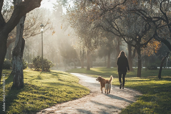 Obraz  A sunny park with trees and a path winding through it, a person is walking their dog, a golden retriever