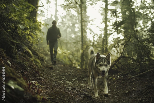 Obraz A winding trail in a forest with light filtering through the trees, a man is walking his energetic husky