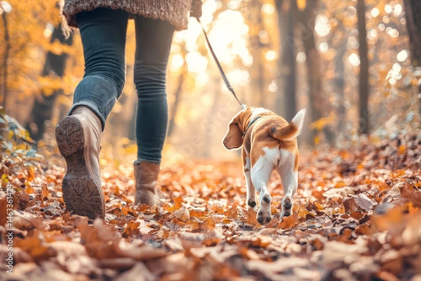 Obraz A wooded path with fallen leaves scattered across the ground, a person is walking their dog, a beagle